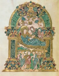Añadir 49598 f.102v Asunción de la Virgen, de la Bendición de San Aethelwold, Winchester, c.980 (vitela)
