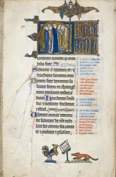 Add. 50000, f.146v Salmo 97; inicial "C", tres clérigos cantando ante un atril. Al pie del folio, un gallo predicando a un zorro, del Salterio de Oscott, c. 1265-70