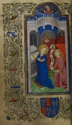 Añadir 65100, f.27v La Anunciación, Horas de Catalina de Valois, c.1420-22 (vitela)