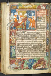 Añadir MS 47680, f.40v, King (Alexander) y Aristóteles entregando una carta a un mensajero, de Secretum Secretorum