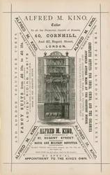 Anuncio de Alfred M Kino, sastre, 40 Cornhill y 87 Regent Street, Londres