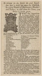 Anuncio de Edward Pinchbeck, Reloj Musical, Fleet Street, Londres, desde 1734