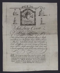 Anuncio de Roberts, comerciantes de telas, Salisbury Court, Fleet Street, Londres, donde el Dr. Anthony Daffy preparó su Elixir Salutis
