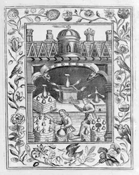 Laboratorio alquímico mostrando varias formas de hornos y recipientes, tomado de Theatrum Chemicum Britannicum por Elias Ashmole, 1652