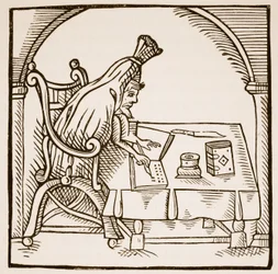 Imagen alegórica de Robert Green en su sudario funerario, de Greene in Conceipt por John Dickenson, 1598