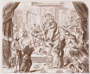 Cuadro alegórico de Enrique VIII pisoteando al Papa Clemente, de una impresión antigua en el Museo Británico