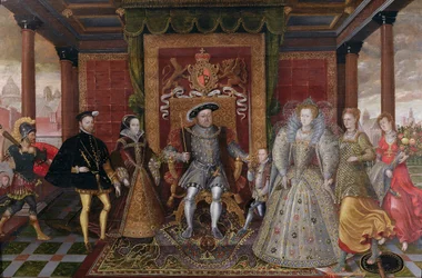 Una alegoría de la sucesión Tudor: la familia de Enrique VIII, hacia 1589-95