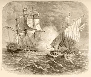 Un buque de la Marina estadounidense captura un barco pirata argelino frente a la costa de Berbería durante la Primera Guerra Berberisca (litografía)