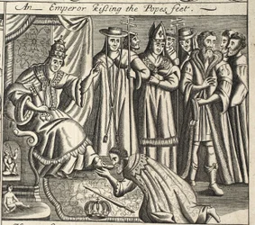Un emperador besando los pies del Papa, ilustración de Hechos y Monumentos de John Foxe, novena edición, pub. 1684
