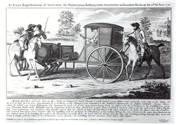 Representación exacta de Maclaine el bandolero robando a Lord Eglington en Hounslow Heath el 26 de junio de 1750