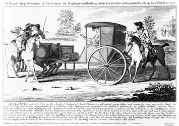 Representación exacta de Maclaine el bandolero robando a Lord Eglington en Hounslow Heath el 26 de junio de 1750, grabado por Charles Mosley, 1750