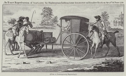 Representación exacta de Maclaine el bandolero robando al Lord Eglington en Hounslow Heath el 26 de junio de 1750