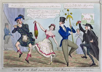 Un Baile de O.P.ra, Terminando con una Rejilla Escocesa al Son de Atrápalo y Mantenlo, pub. por S.W. Fores, 1823
