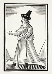Una anciana regañando con un sombrero alto, ilustración de Chap-books del siglo XVIII de John Ashton, pub. 1882