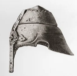 Un casco nasal de principios del siglo XII, de The British Army: Its Origins, Progress and Equipment, publicado en 1868.