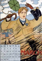 Un hombre elegante luchando contra el viento - imagen de calendario inglés, marzo, finales del siglo XIX