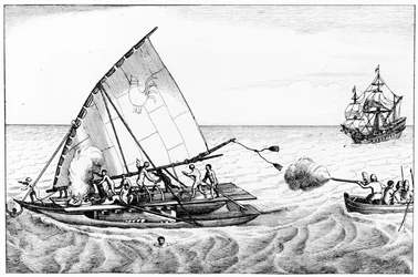 Un incidente durante la circunnavegación del mundo de Le Maire (c.1585-1616) y Schouten (c.1567-1625) en 1615-16, del Volumen II de Historia Cronológica de los Viajes y Descubrimientos en el Mar del Sur