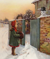 Un intimidante muñeco de nieve (litografía en color)