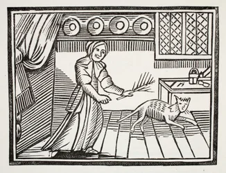 Una anciana azotando a su gato por cazar ratones en domingo, ilustración de Chap-books del siglo XVIII de John Ashton, pub. 1882