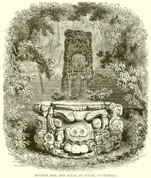 Antiguo ídolo y altar en Copán, Guatemala