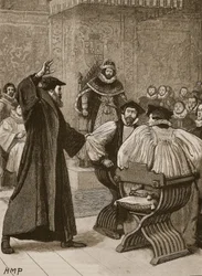 Andrew Melville ante el Consejo Privado Escocés, ilustración de la Historia Ilustrada de Inglaterra de Cassell