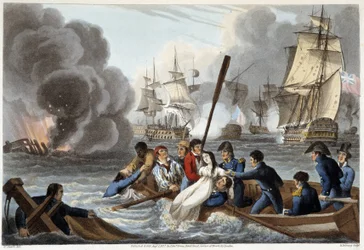 Anécdota a Trafalgar en "Anécdotas e incidentes históricos, militares y navales que llegaron a las armas de Gran Bretaña y sus aliados, terminando en Waterloo" por Edward Orme. Ilustrado por Fry, Sutherland, Clark, Dubourg, W.Heart, JA, Atkinson... Ed. 181