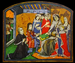 Anthony Woodville, conde de Rivers, presenta los Dictados y dichos de los filósofos a su cuñado, Eduardo IV