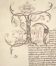 Archivo 11980: Inicial Decorada H del Real Decreto que registra la concesión del Rey Enrique VI al New College Oxford de las propiedades de Newton Longville