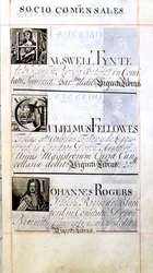Archivo 3693 f.63 Página que enumera tres benefactores del New College, Oxford; Halswell Tynte, Gulielmus Fellowes y Johannes Rogers, de un libro de donaciones