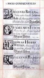 Archivo 3693 f.65 Página que enumera cuatro benefactores del New College, Oxford; Joannes Rolle, Gulielmus Fitch, Thomas Hobbs Weeks y Johannes Bassett, de un libro de donaciones