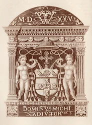 Armas del Cardenal Wolsey en terracota en el Palacio de Hampton Court, de la Historia del Palacio de Hampton Court en Tiempos Tudor por Ernest Law, publicado en Londres 1885