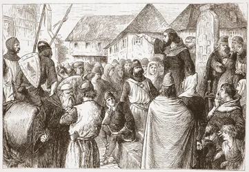 Arnoldo de Brescia predicando, ilustración de La Historia del Protestantismo por James Aitken Wylie (1808-1890), pub. 1878