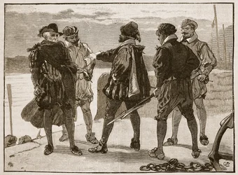 Arresto de Sir Walter Raleigh, ilustración de la Historia Ilustrada de Inglaterra de Cassell