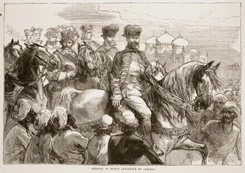 Llegada del Mayor Lawrence a Coilady, ilustración de Cassells Illustrated History of India de James Grant, pub. 1879