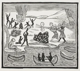 Llegada de salvajes con prisionero cristiano, ilustración de Chap-books del siglo XVIII de John Ashton, pub. 1882