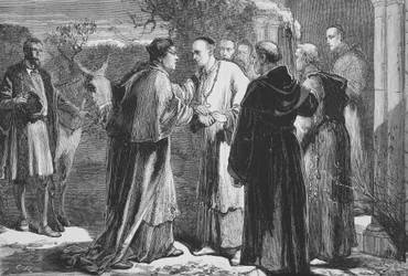 Llegada de Wolsey a la Abadía de Leicester, ilustración de La Historia del Protestantismo de James Aitken Wylie, pub. 1878