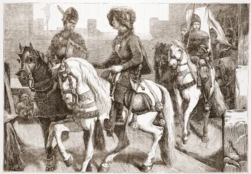 Llegada de los diputados husitas a Basilea, ilustración de La Historia del Protestantismo por James Aitken Wylie (1808-1890), pub. 1878