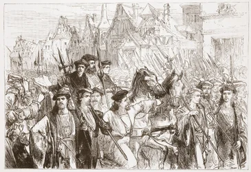 Llegada de los teólogos de Wittemberg a Leipzig, ilustración de La Historia del Protestantismo de James Aitken Wylie, pub. 1878