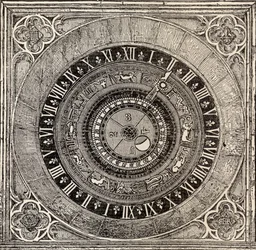 Reloj astronómico en el Palacio de Hampton Court, de la Historia del Palacio de Hampton Court en Tiempos Tudor por Ernest Law, publicado en Londres 1885