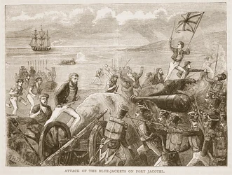 Ataque de los marineros en Port Jacotel, ilustración de Cassells Illustrated History of India de James Grant, pub. 1879