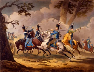 Infantería austríaca defendiendo su artillería de los húsares prusianos, de la serie Acciones de caballería de los aliados durante las campañas napoleónicas publicadas 1799-1802