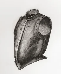 Espalda y coraza, con abertura por delante, conocida como coraza de chaleco, c.1580, de The British Army: Its Origins, Progress and Equipment, publicado en 1868.