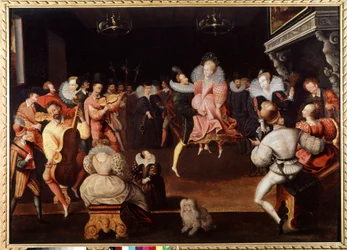 Baile en la corte de Inglaterra Músicos y bailarines. Pintura de la escuela inglesa del siglo XVI. Londres, galería nacional de retratos.