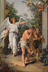 Destierro de Adán y Eva del Jardín del Edén (chromolitho)