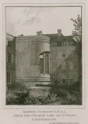 Barber Surgeons Hall, Monkwell Street, Londres, visto desde el cementerio de la iglesia de St Giles, Cripplegate