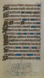 Escena en la base de la página que muestra a Thomas Becket y sus compañeros cruzando el Canal en un bote mientras viajan al exilio en Francia, ilustración del 