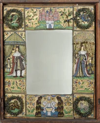 Espejo de abalorios, c. 1672-79 (hilos de seda, metal y cuero con cuentas de vidrio y lentejuelas sobre fondo de seda-satinado revestido de roble)