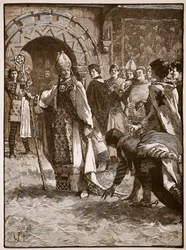 Becket ante sus enemigos en el Salón del Consejo en Northampton, ilustración de Cassells Illustrated History of England