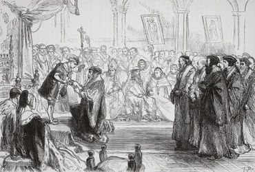 Beza presentando la Confesión de la Iglesia Protestante Francesa al Rey en el Coloquio de Poissy, ilustración de La Historia del Protestantismo de James Aitken Wylie, pub. 1878