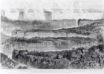Vista aérea de las Grandes Cataratas del Zambeze (Cataratas Victoria) de Narrativa de una Expedición al Zambeze y sus Afluentes, publicado en 1865